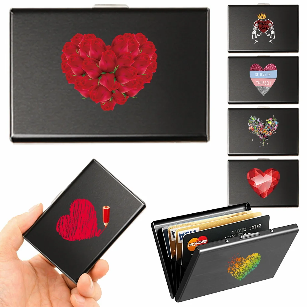 ID RFID Card Holder Men Portable Business Black Metal Aluminum Card Case Holder Love Pattern Metal Box Cover Women Credit Case