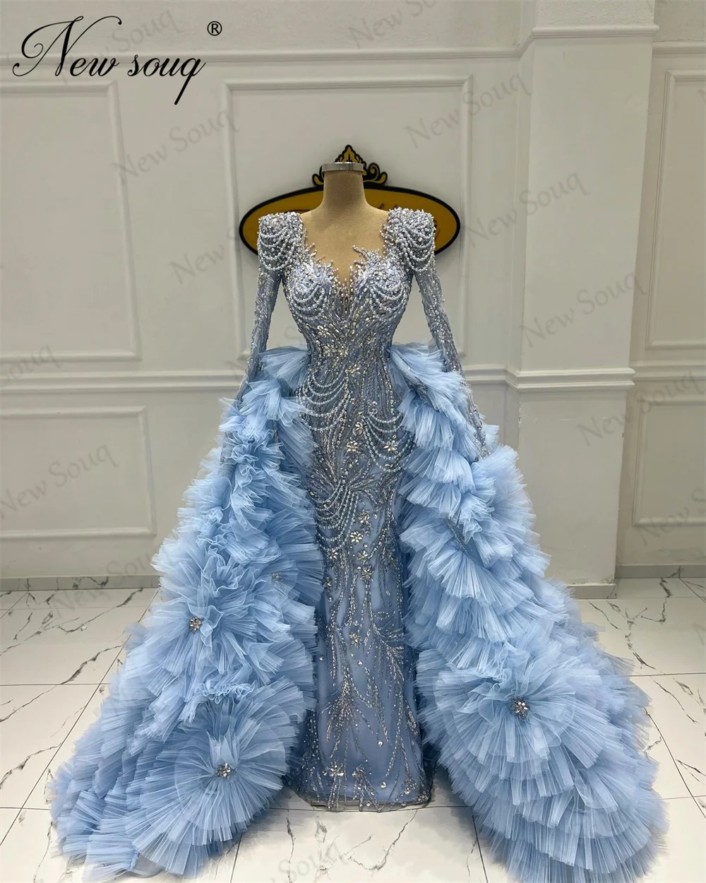 

Formal Blue Beading Evening Dresses Arabic Dubai Long Sleeves Prom Dress Turkish Crystals Elegant Wedding Party Gowns Robes 2024