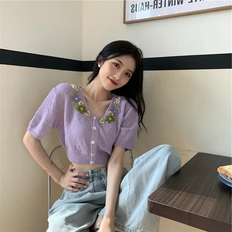 New Korean Style Cropped Sweater Women Vintage Oversize Knit Tie Fllowers Female Spring Summer Short Sleeve V-neck Cardigan Tops