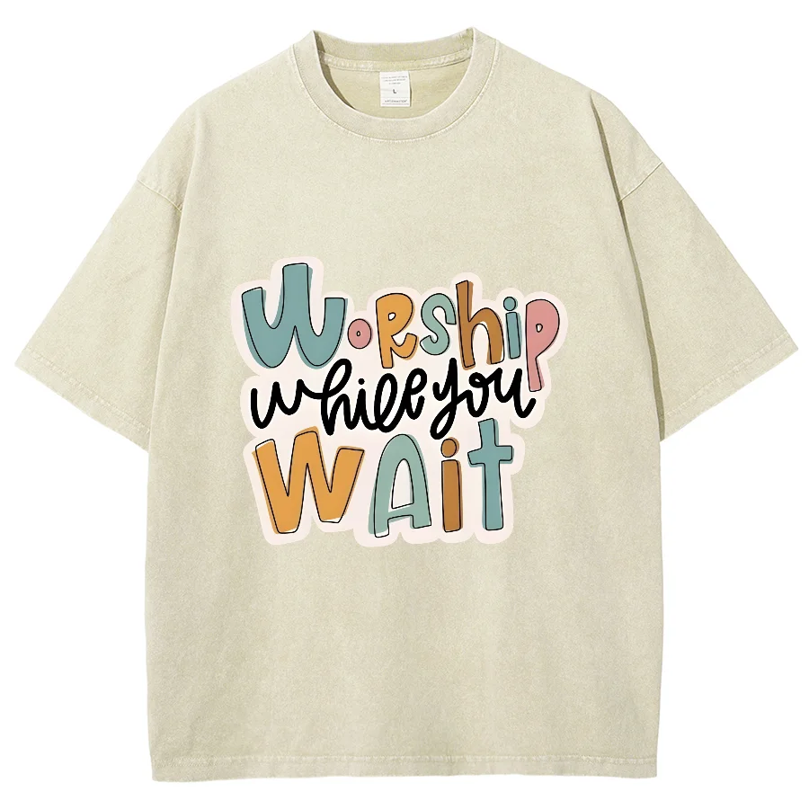 Worship Wait Y2K Washed Short Sleeves T-shirt, Printed Creative Casual Unisex Oversized Vintage Streetwear Fashion Plus-Size Tee