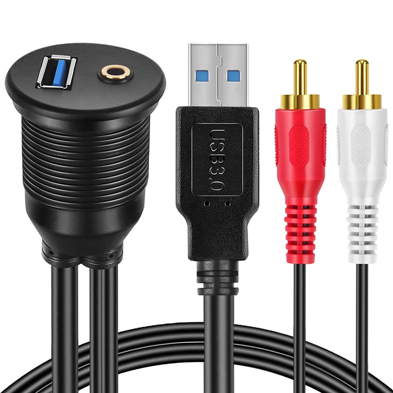 1m 3ft Flush Mount Cable Kit USB 3.0 & 2 RCA To 3.5mm AUX Male To Female Dashboard Panel Extension Cable for Car Boat Motorcycle