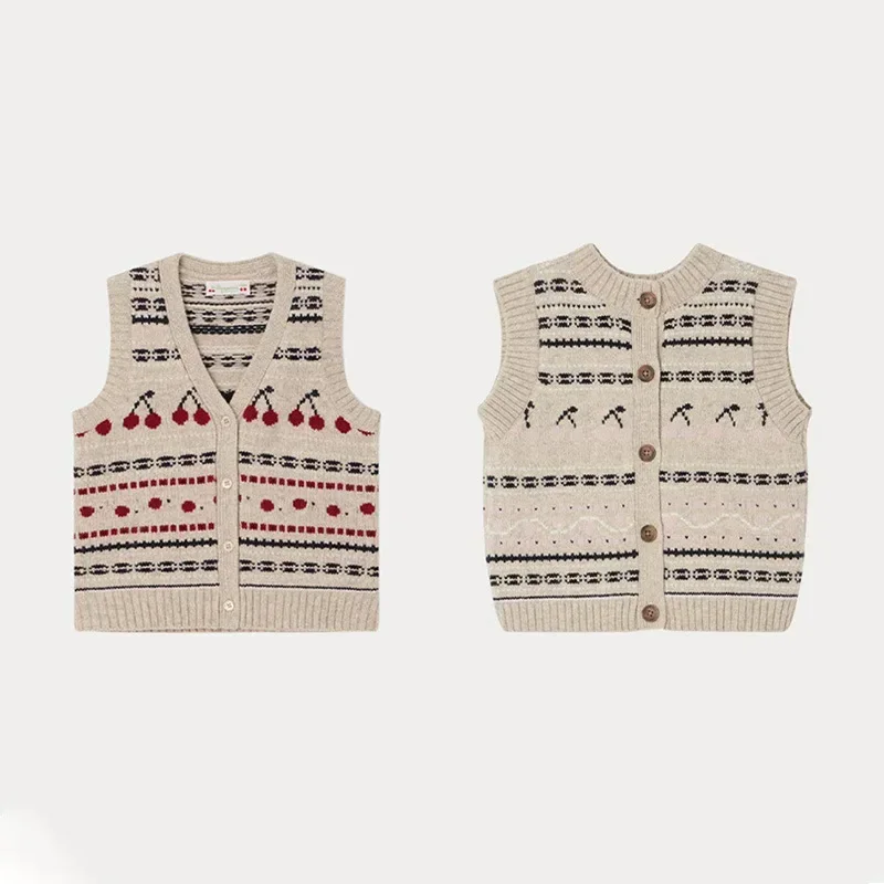 spot BP2023 Autumn/Winter Pure Wool Vest Girls' Cherry Sweater Knitted Tank Top Children's Academy Style High Set Bonpoint