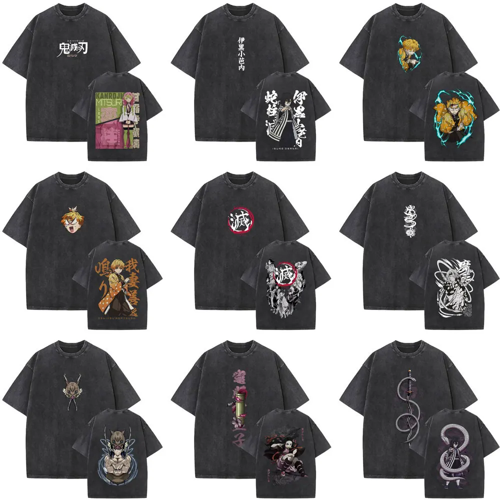 

Washed Vintage Anime Demon Slayer T-shirt Men Women Casual Cotton Retro Short Sleeve T-shirts Men's Fashion Crewneck T Shirts