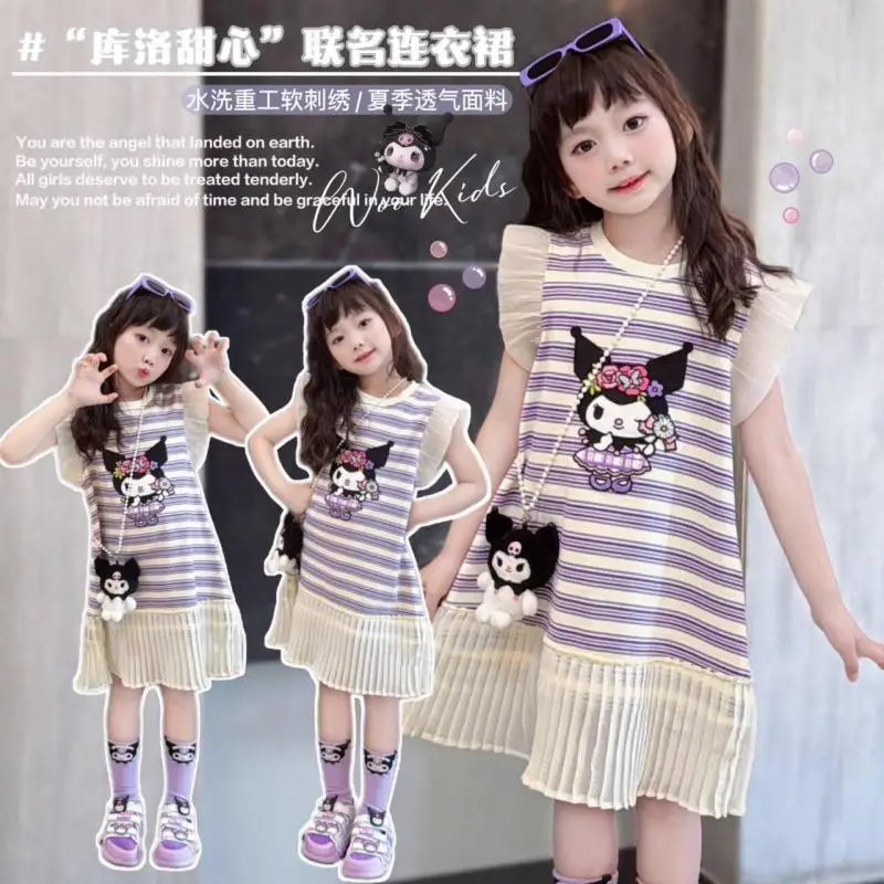 

Anime Kuromi Cinnamoroll My Melody Kawaii Dress Princess A-Line Skirt Girl Summer Fashion 2025 New Pleated Skirt Loose Stripe