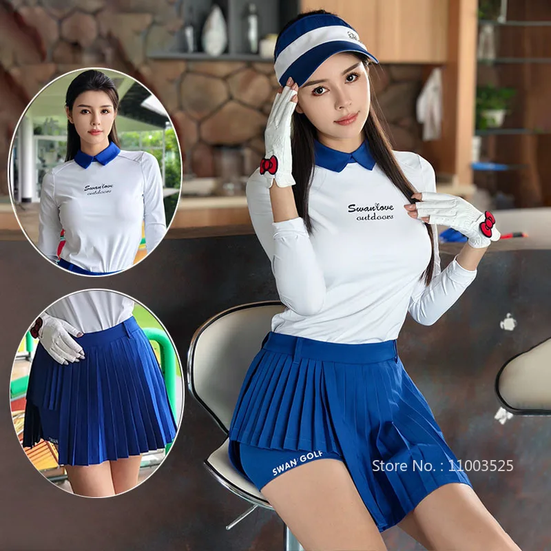 SG New Golf Women Clothing Long-sleeved T-shirt Autumn Winter Warm Tops Jersey Ladies Pleated Golf Skirt High Waist Slim Skorts