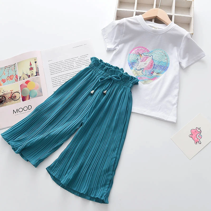 Girls Clothing Sets 2023 Brand Girls Clothes Kids Clothing Sets Unicorn Sequins Chiffon Children Clothing 2Pcs Suits