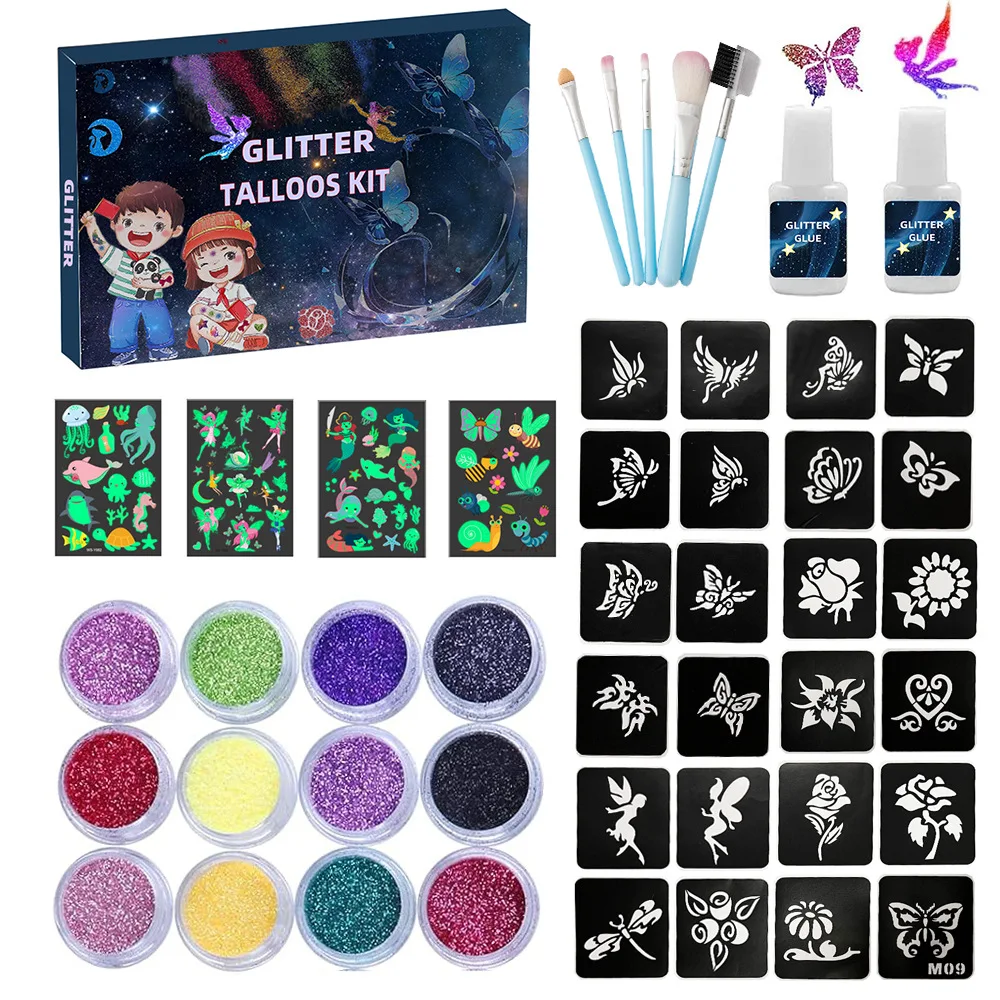 Halloween Glitter Colors Tattoo Kit With Stencil Glue Brush Makeup Glitter Body Art Design For Kids Body Painting Glitter Powder