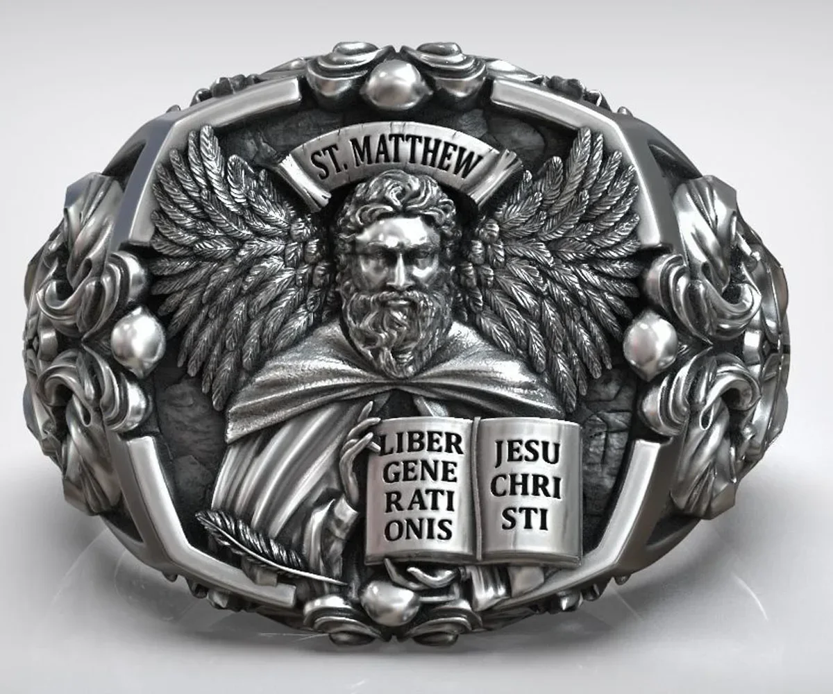 

18g Matthew Apostle Evangelist Christian Cross Signet Artistic Relief Real Customized 925 Solid Sterling Silver Rings Many Sizes