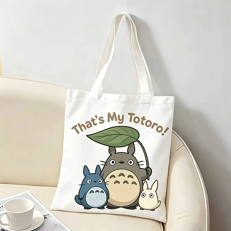 Totoro Canvas-Taschen, Handtasche für Damen, Shopper, niedliches Miyazakis-Anime-Muster, japanische Cartoon-Tragetasche, wiederverwendbar, lässige Umhängetasche