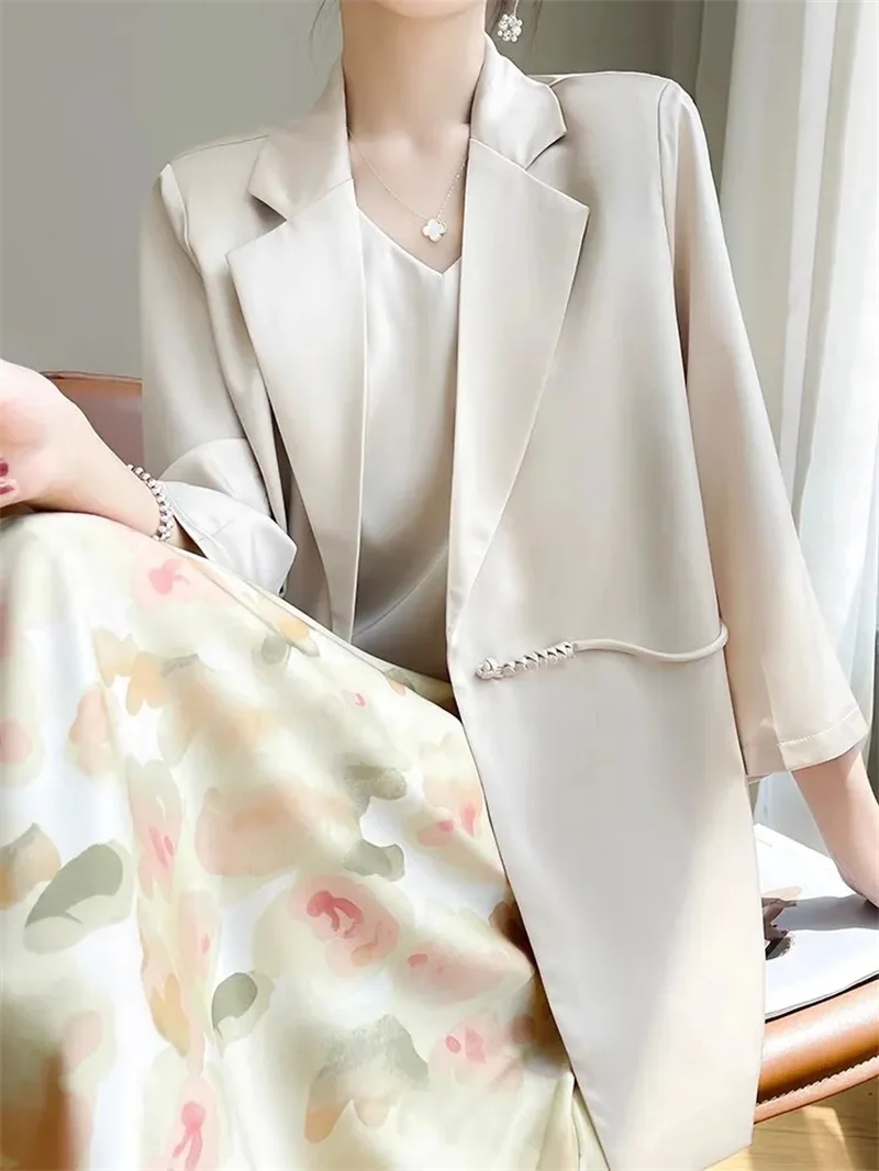 Chinese Style Suit Jacket Women's Medium Length 3/4 Sleeved Outer top 2024 Summer Haute Couture Acetate Satin Drape Women's Suit