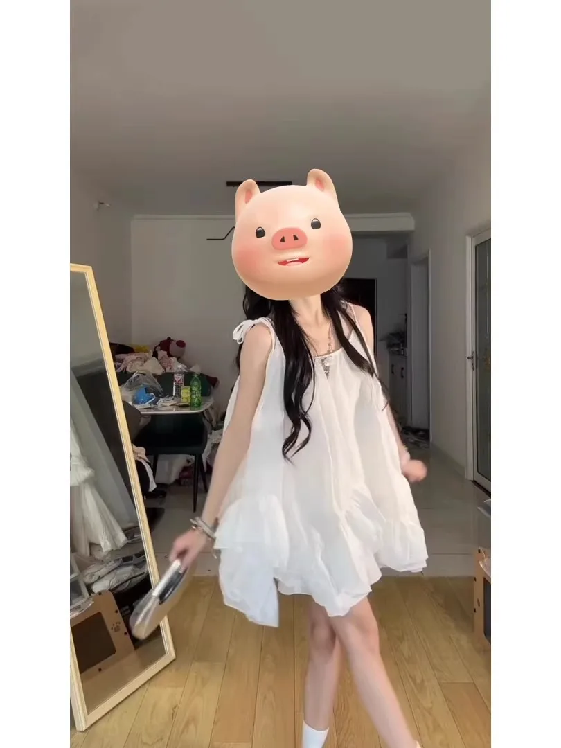 Letni Biały Zestaw Damski z Ramiączkami, Słodki, Plażowy, Bufiasta Spódnica, Krótki Top, Okrągły Dekolt, Bez Rękawów, Przez Głowę