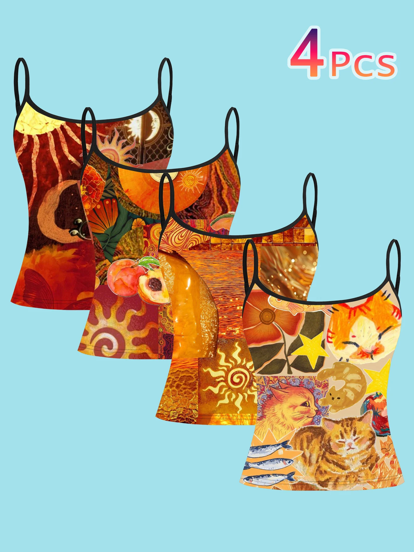 4-Piece Set of Vintage Warm-Toned Cat Sun and Moon Collage Print Camisole for Women, Bohemian Fruit and Floral Art Slim-Fit Spaghetti Strap Top