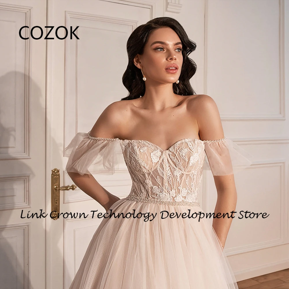 COZOK Sweetheart Off Shoulder Bridal Gowns with Lace 2024 A Line Court Train Wedding Dresses for Princess Summer Vestidos De