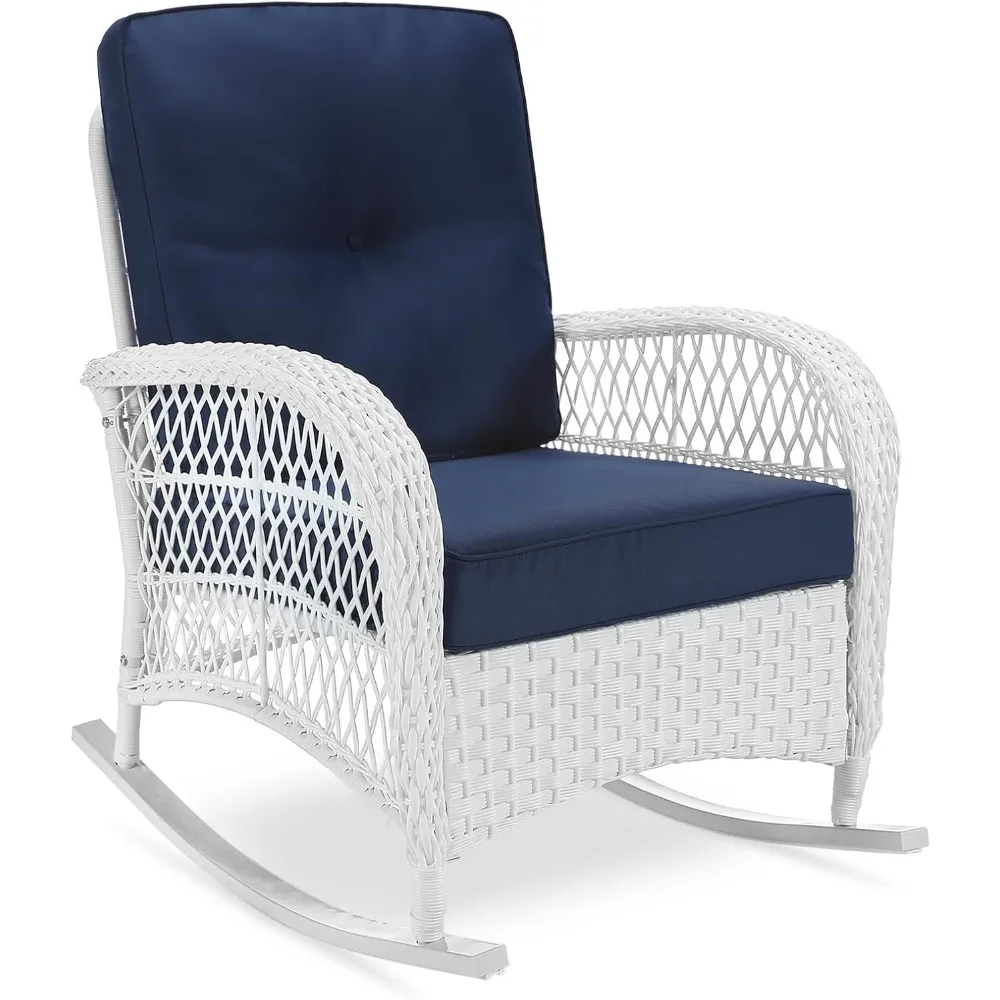 Outdoor Wicker Rocking Chair, Patio Rattan Rocker Chair with Cushions & Steel Frame, All-Weather Rocking Lawn Furniture for Gar