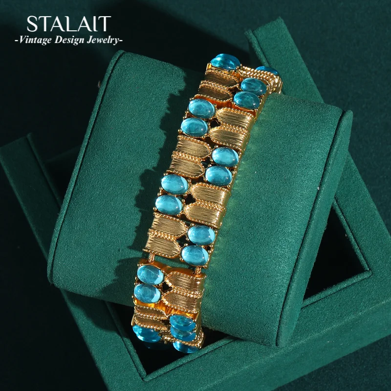 

Vintage Bangles Bracelets Blue Oval Natural Stone Gold Color Wide Glass Elastic Bamboo Knot Bohemian Handmade Antique Jewelry