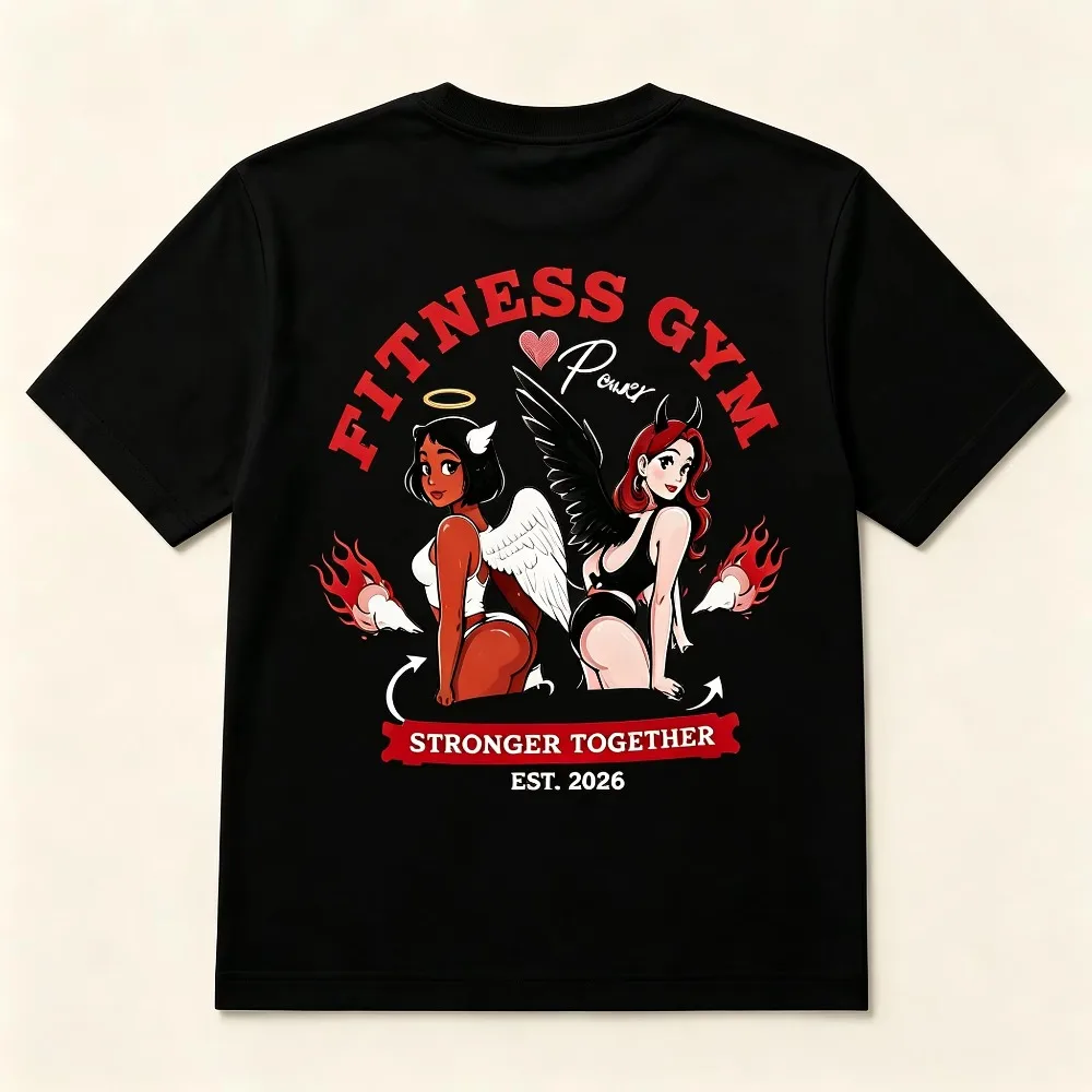 2026 New Gym Fitness Men Women Short Sleeve T Shirt, Angel Devil Illustration Back Graphic Crew Neck Casual Tops