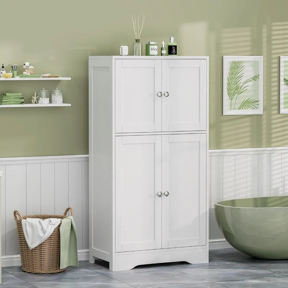 

Bathroom Floor Storage Cabinet with 2 Adjustable Shelves & 4 Doors, Freestanding Bathroom Cabinet