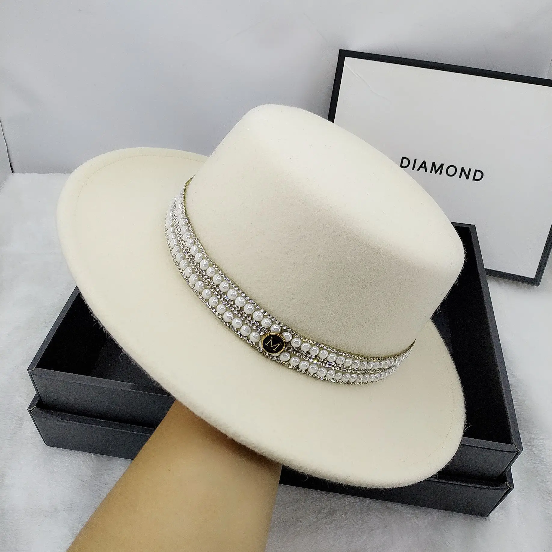 

High-End Fall Winter Flat Top Hat - Australian Wool, Pearl & Crystal Details, Audrey Hepburn Retro British Chic Dress Fedora