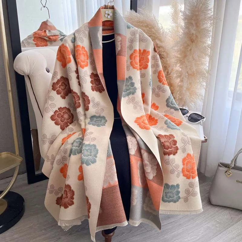 Scarf Women Pashmina Shawl Hijab Floral Peony Pattern Double Sided Wrap Cape Winter Autumn Travel Throw Blanket Scarves