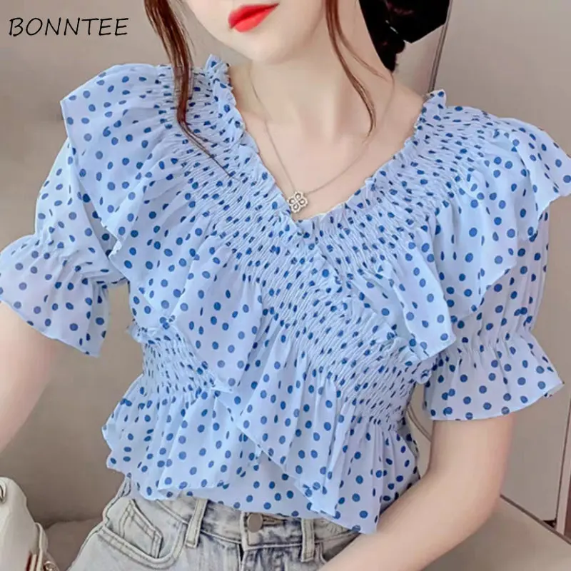 

Blouses Women Polka Dot Leisure Retro Ruched Loose Sweet All-match Puff Sleeve French Style Criss-cross Summer Ladies V-neck New