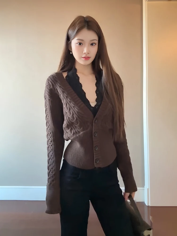 

Женский коричневый вязаный кардиган с V-образным вырезом и кружевным укороченным топом, зимний, модный, уличный стиль, приталенный, с длинными рукавами, укороченная длина