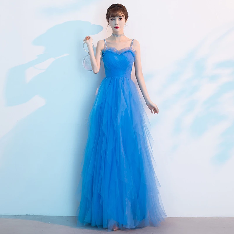 French Blue Evening Dress Female Sexy Strap Dress Host's Annual Meeting Usual Dresses Can Wear Mesh Fluffy Skirt Length