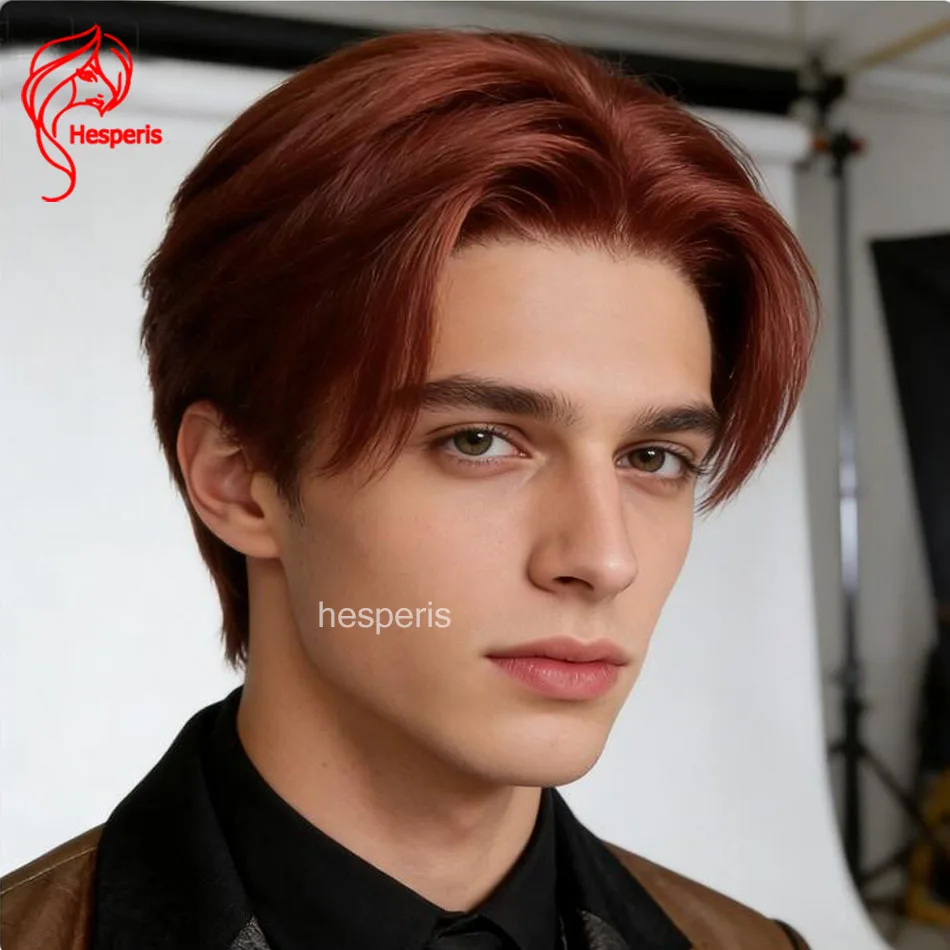 

Hesperis Men's Auburn Pixie Cut Wig 13x6 Lace Front Brazilian Remy Human Hair Short Cut Colored Cool Man Wigs With Bangs