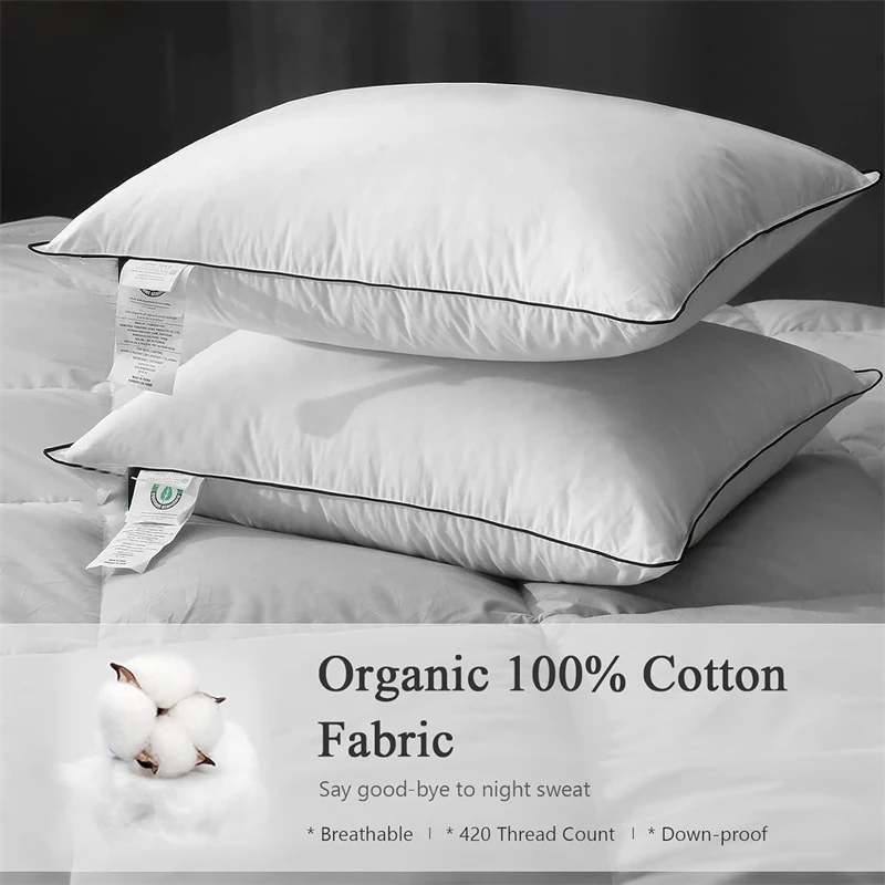 93% Goose Feather Down Pillow for Sleeping 1 Pair, Home Bed Pillows Inserts Standard Queen King Size, 100% Organic Cotton Shell