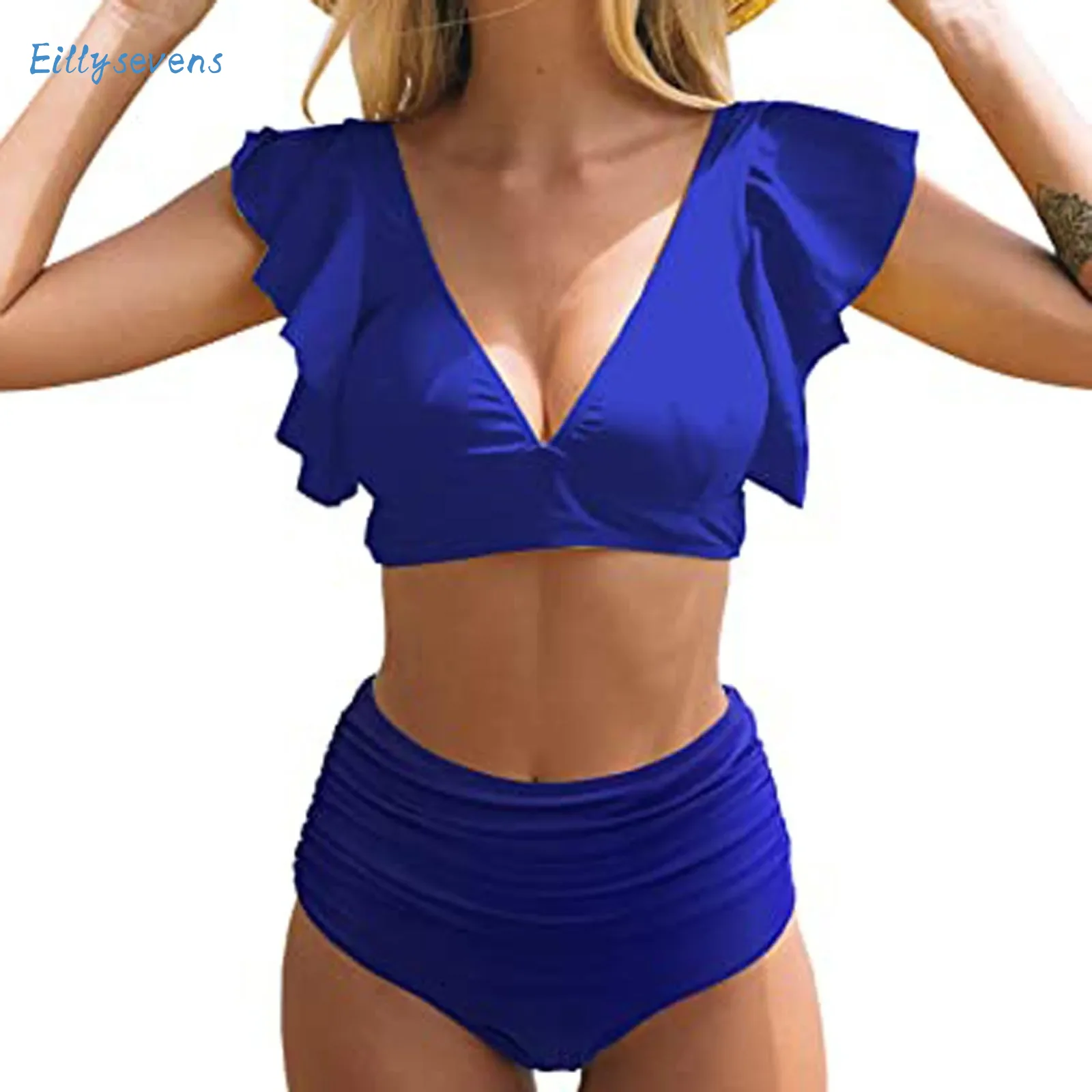 Women Sexy Bikini Set Simple Elegant Solid Comfy Two-Piece Set Push-Up Deep V Vest With Padded Pleated High Waist Split Swimsuit