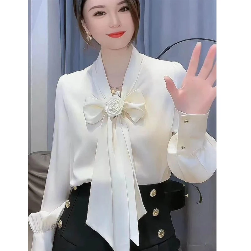 White Bow Lacing Office Shirt for Women Spring Autumn New Long Sleeve Solid Temperament Loose Blouse Fashion Elegant Clothing