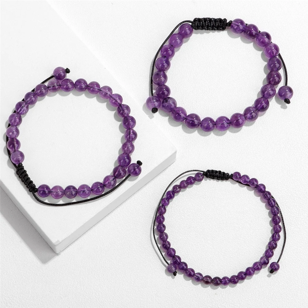 4 6 8mm Amethysts Beads Bracelet Handmade Adjustable Rope Natural Stone Braided String Bracelets For Women Men Yoga Wristbands