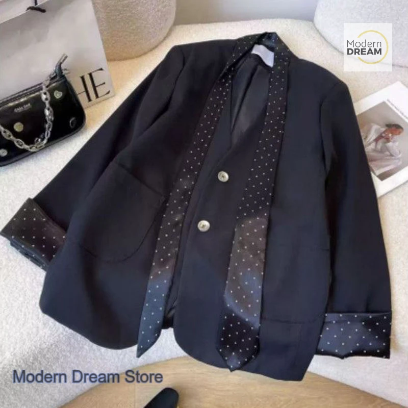 

Korean style black ribbon niche design suit jacket female spring and autumn new fashion temperament loose small suit jacket.
