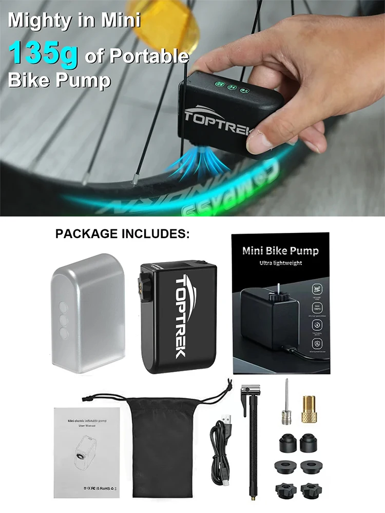 AliExpress Toptrek Mini Electric Air Pump Portable 1260mAh 100psi Bicycle Pump Inflator Presta Schrader Valve Road MTB Bike Motorcycle Pump