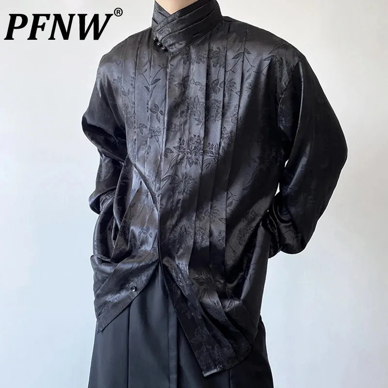 

PFNW Chinese Pleated Stand Collar Jacquard Satin Trend Men's Shirt Long Sleeved Fashionable 2024 Autumn Male Tops Solid Color