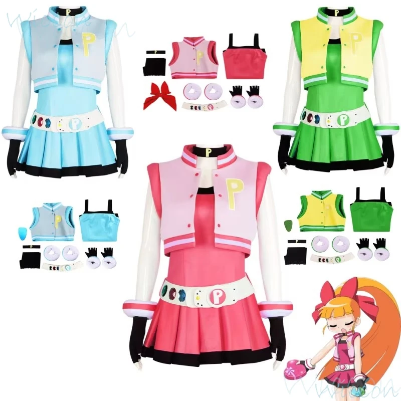 Powerpuff Girls Cosplay Girls Costume Dress Set Blossom Buttercup Bubbles Costume Dress With Belt Set Halloween Fancy Dress