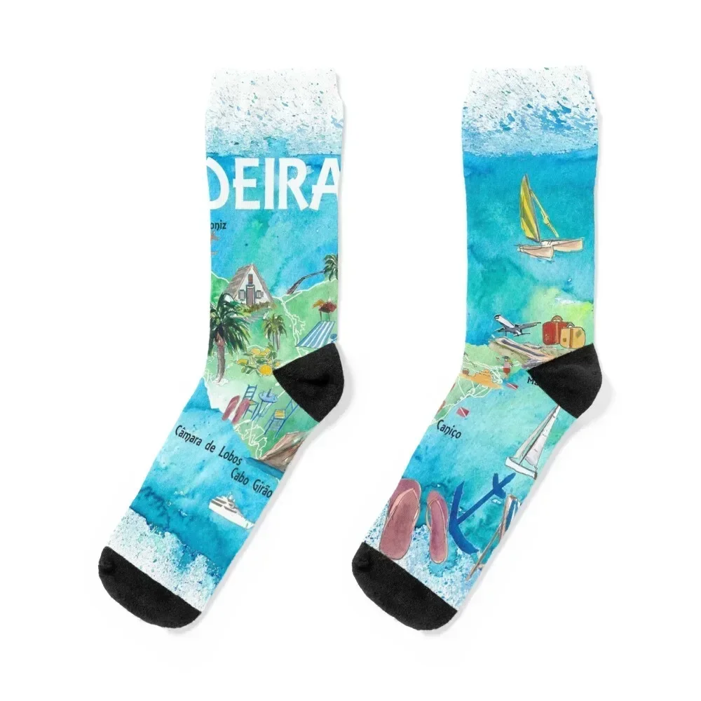

Madeira Portugal Island Illustrated Map with Landmarks and Highlights Socks Stockings man Soccer Socks Men's Women's