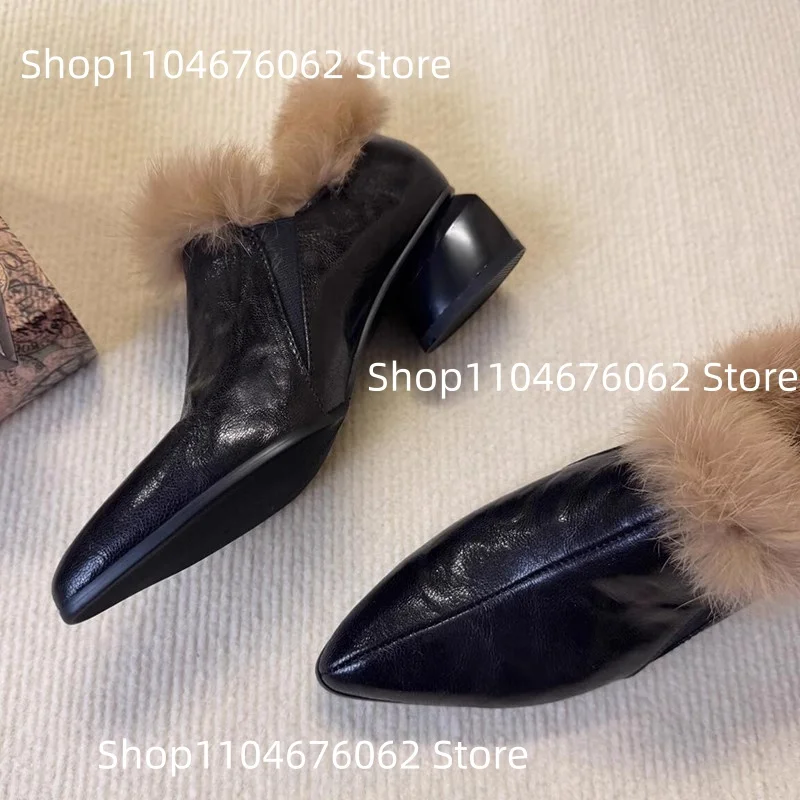 

Women's Leather Mules Faux Fur Collar Block Heel Slip-On Shoes Pointed Toe Luxurious Ladies Elegance Casual Daily Single Shoe