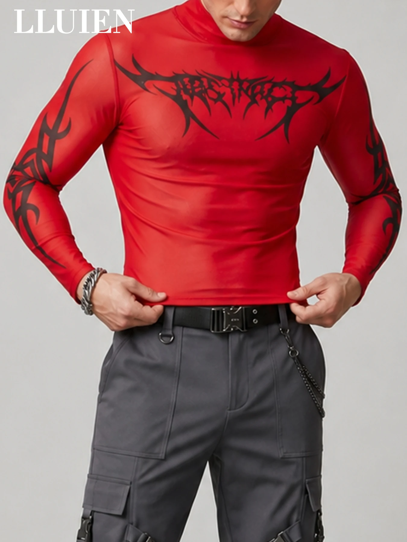 LLUIEN 2026 Neues Modisches Herren Crop-Top Langarm Rollkragen-Shirt mit Aufdruck 100% Polyester Nachtclub Mesh Enganliegendes T-Shirt – Detail 11