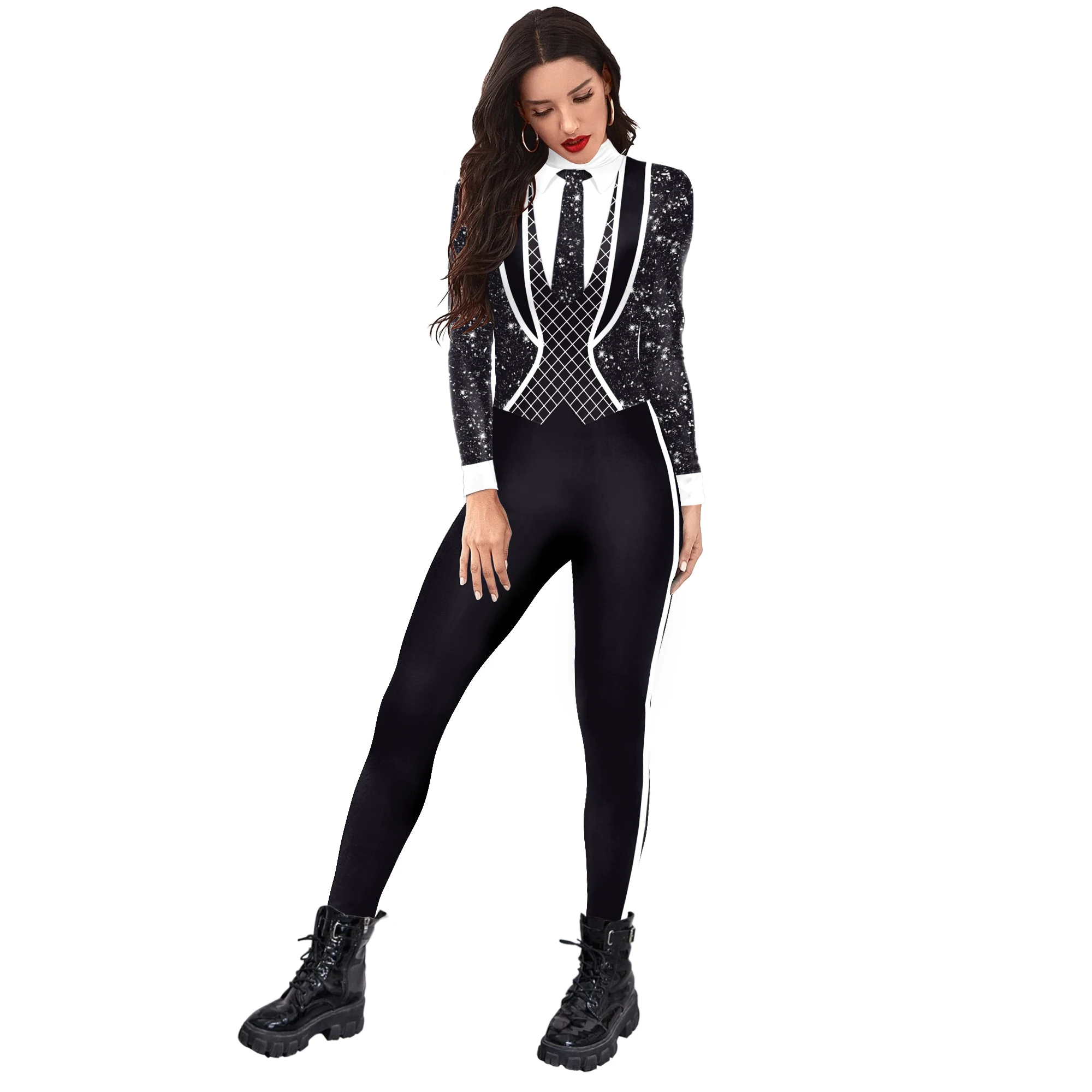 Catsuit imprimé 3D noir et blanc à manches longues, costume de cosplay d'Halloween, carnaval, fête, coffres de nuit, corps complet imbibé Zentai