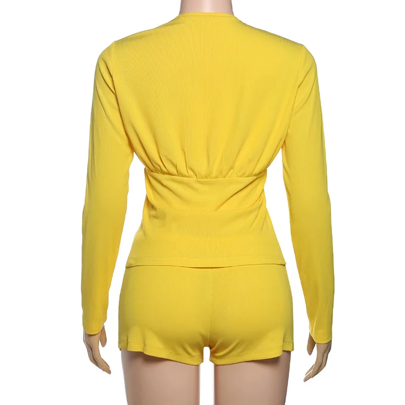 2025 autunno solido a costine set da 2 pezzi donna sexy scollo a V manica lunga monopetto cardigan sottile top + pantaloncini abiti casual