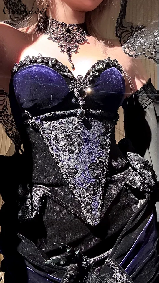 

Halloween Cos Gothic Dark Girl Sets Heavy Beading Sparkling Diamond Embroidery Sleeveless Vest Top Velvet Corset Mermaid Skirt