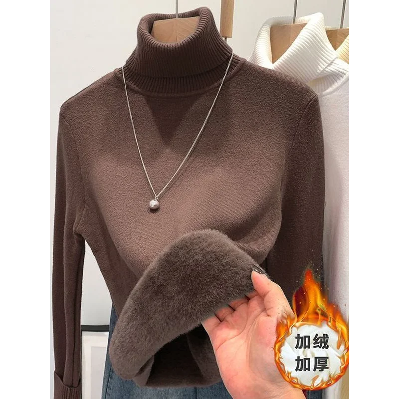 Women Fleece Lined Thick Turtleneck Knit Sweater Warm Inner Wear Slim Basic Long Sleeve Base Top