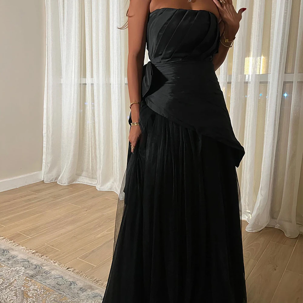 

Customized Temperament Bow Satin Black Evening Dress Fashion Strapless Straight Sleeveless Floor Length Bespoke Occasion Gowns