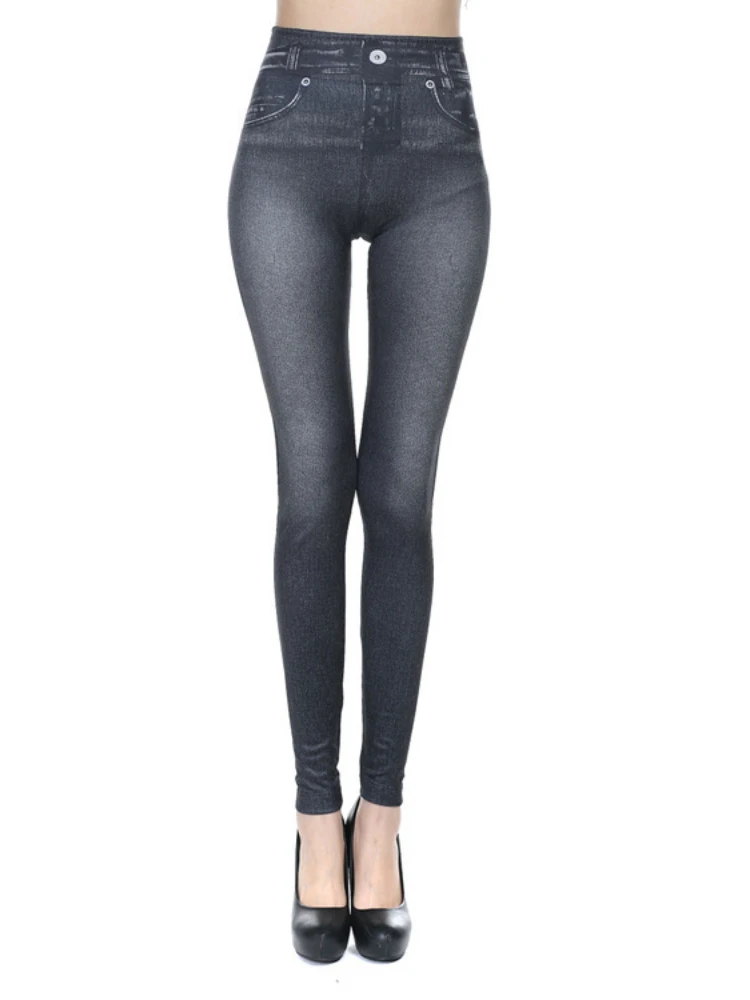 

The new stylish stretchy seamless body shape imitation denim print nine point leggings for women pants