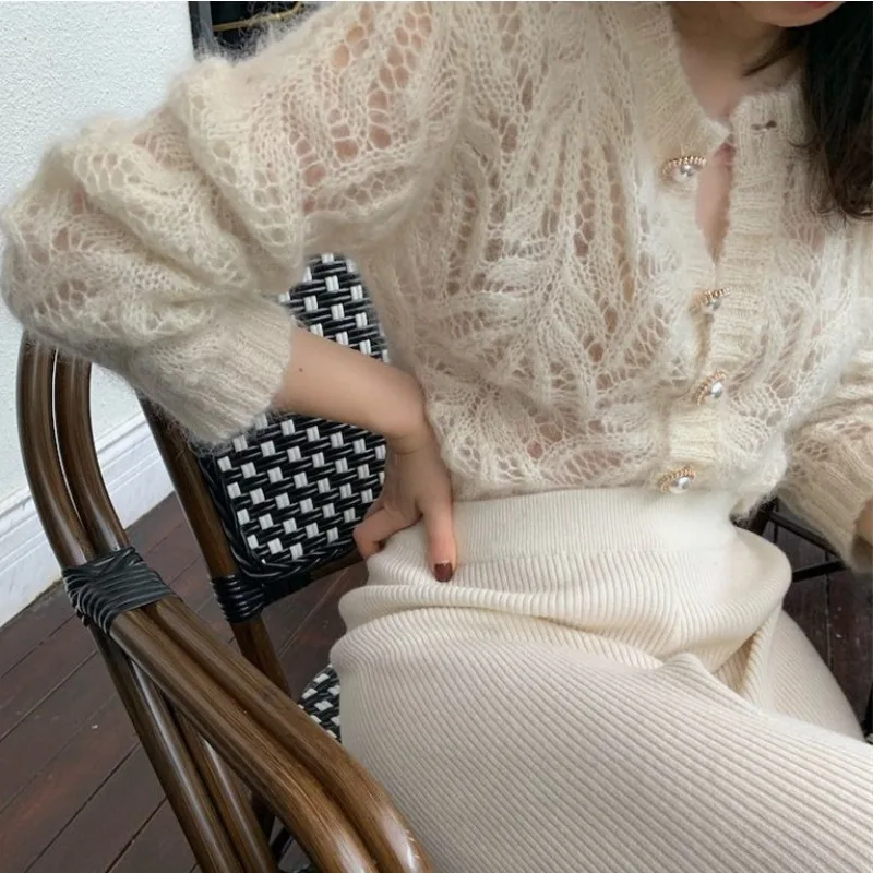 

Elegant O Neck Mohair Cropped Cardigan Hollow Soft Single Breasted Women Long Sleeve Knitted Sweater Coats Autumn Spring Jacket