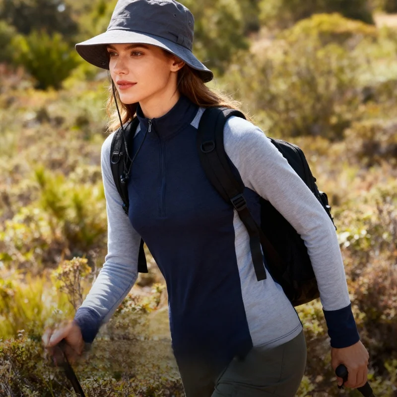 WESTSHAN Gray Shell Merino Wool Quick-Drying Half-Zip Tshirt Outdoor Mountain Color-Block Stand-Up Collar Women Tshirt