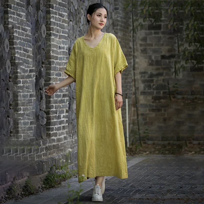 

Pop Short - Sleeved Dress Long-Length Literature And Art Retro Spring Summer Cotton And Linen Loose Thin National Style