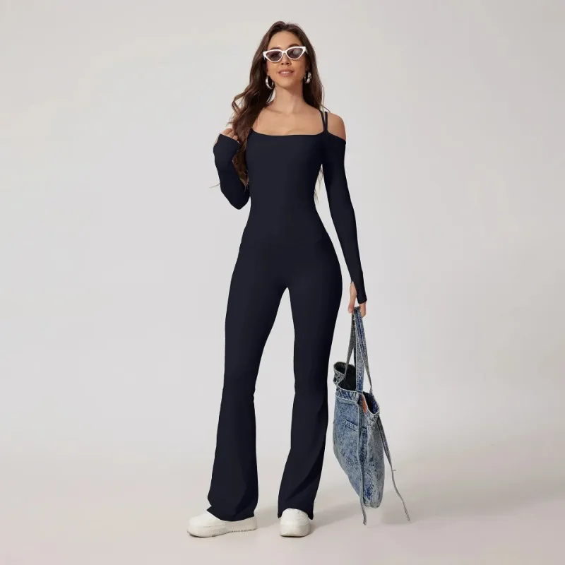 

Seamless Yoga Jumpsuits Sports Fitness High Waist Hip Raise Long-Sleeved Flared Pants Suit Workout Gym Leggings Set for Women