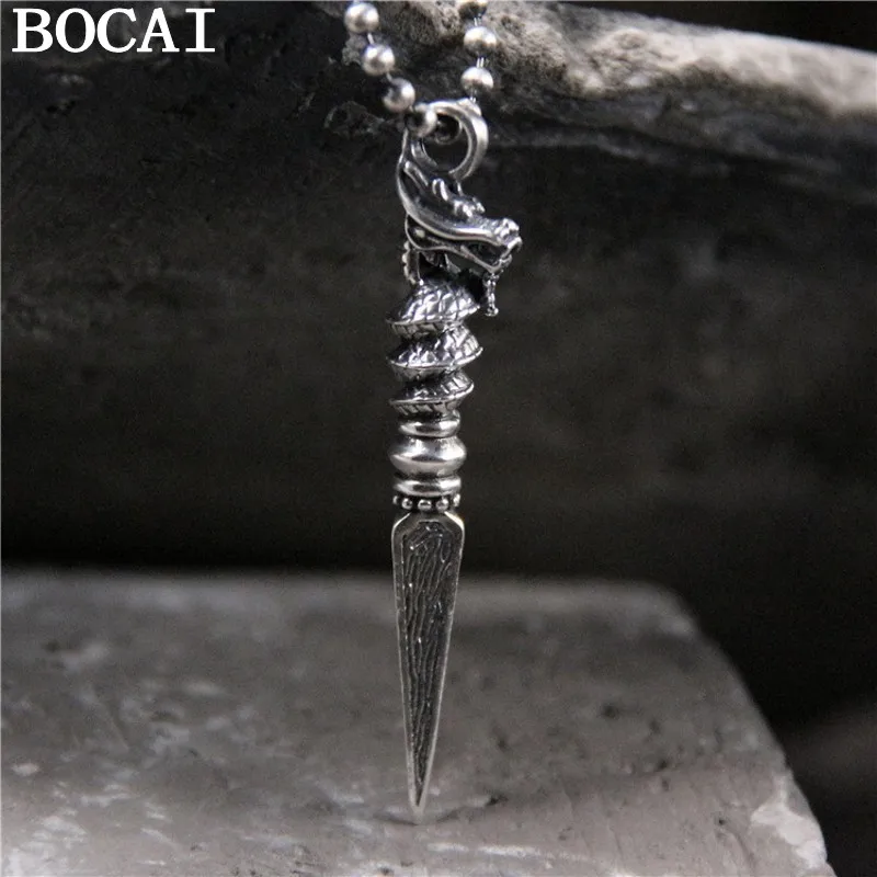 

BOCAI NEW S925 Sterling Silver Retro Chinese Style Diamond Pestle Dragon Pendant