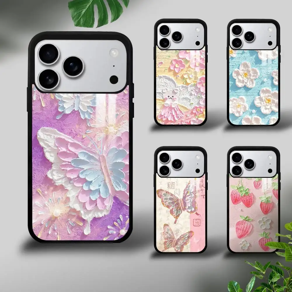 

Oil Painting Flower Art Phone Case For iPhone 17 16 15 14 13 12 11 Pro Max Mini Plus Hard Mirror Funda